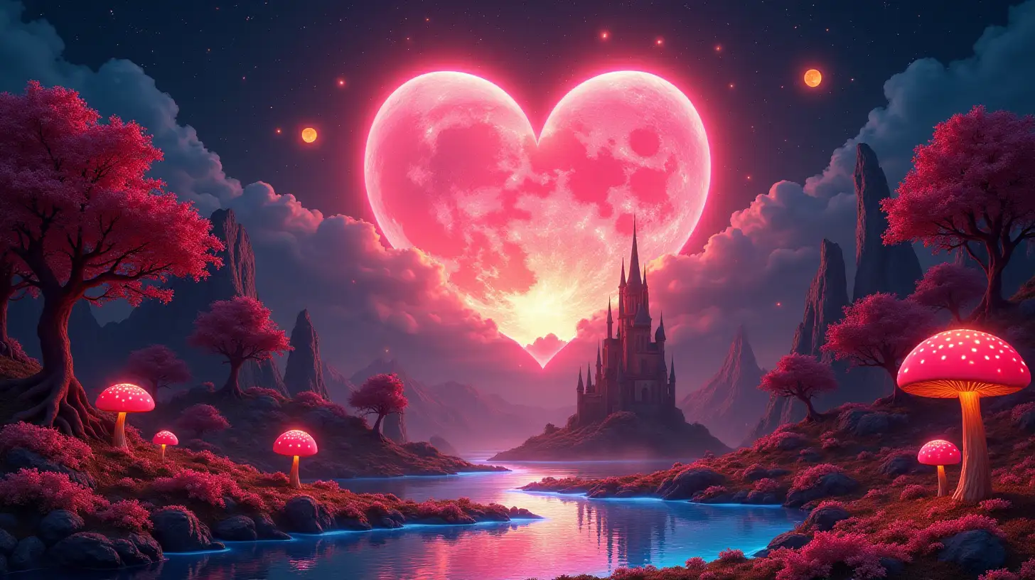 Magical HeartShaped Moonlit Landscape with Fiery Flora