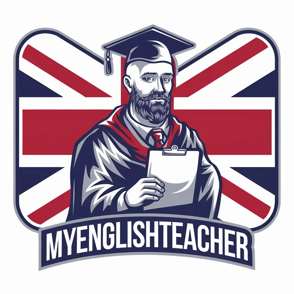 LOGO-Design-For-MyEnglishTeacher-Bald-Bearded-Figure-on-England-Flag-Background