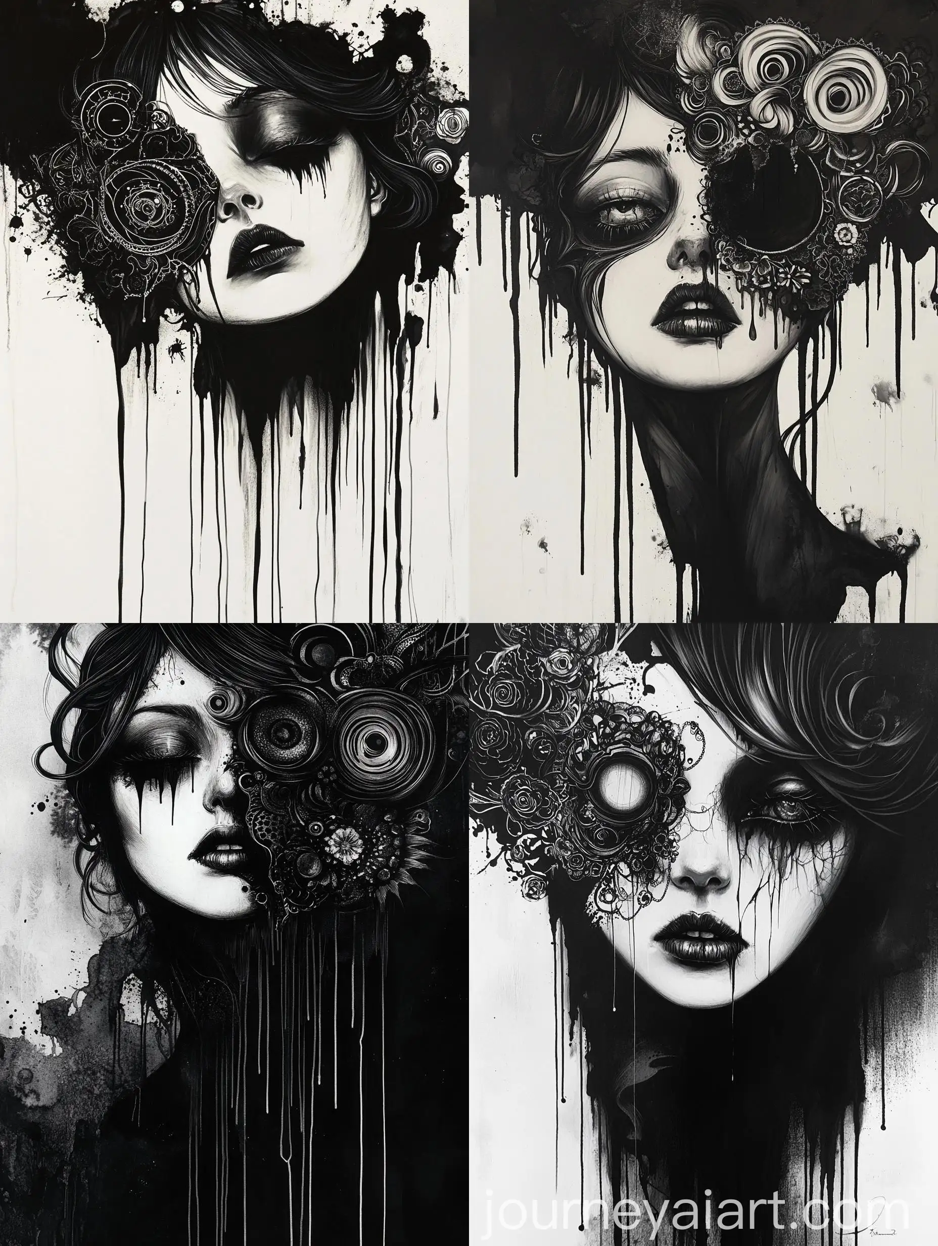 Mysterious-Young-Woman-with-Flowing-Black-Hair-and-Abstract-Background