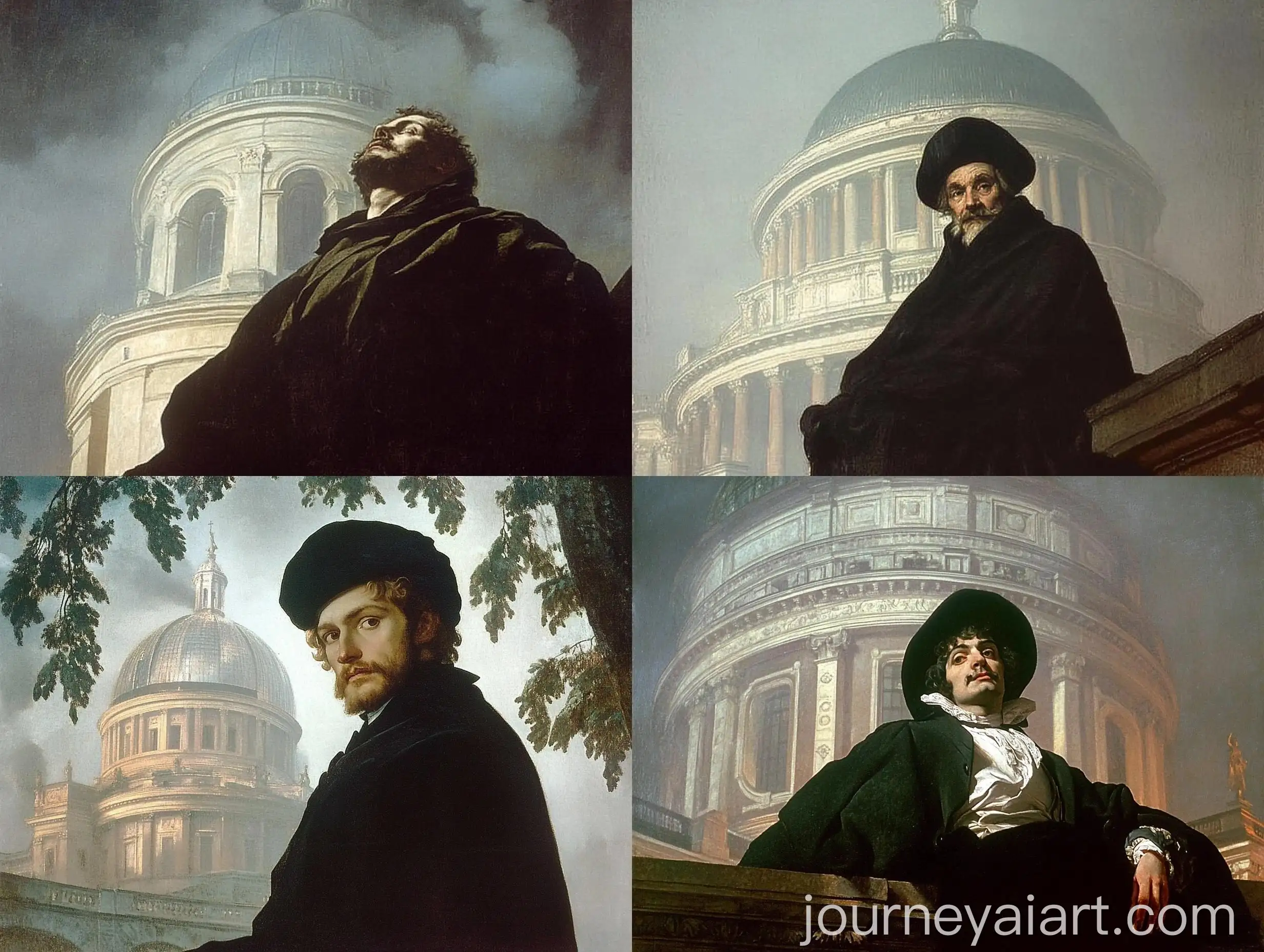 Renaissance-Painting-of-a-Man-in-Black-Coat-Standing-in-Front-of-a-Building