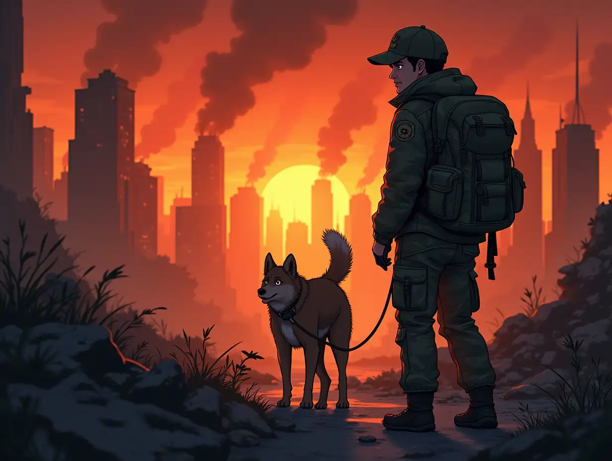 Survivalist in camouflage and with a backpack sneaking through ruins of a burning city together with a dog. Style anime.