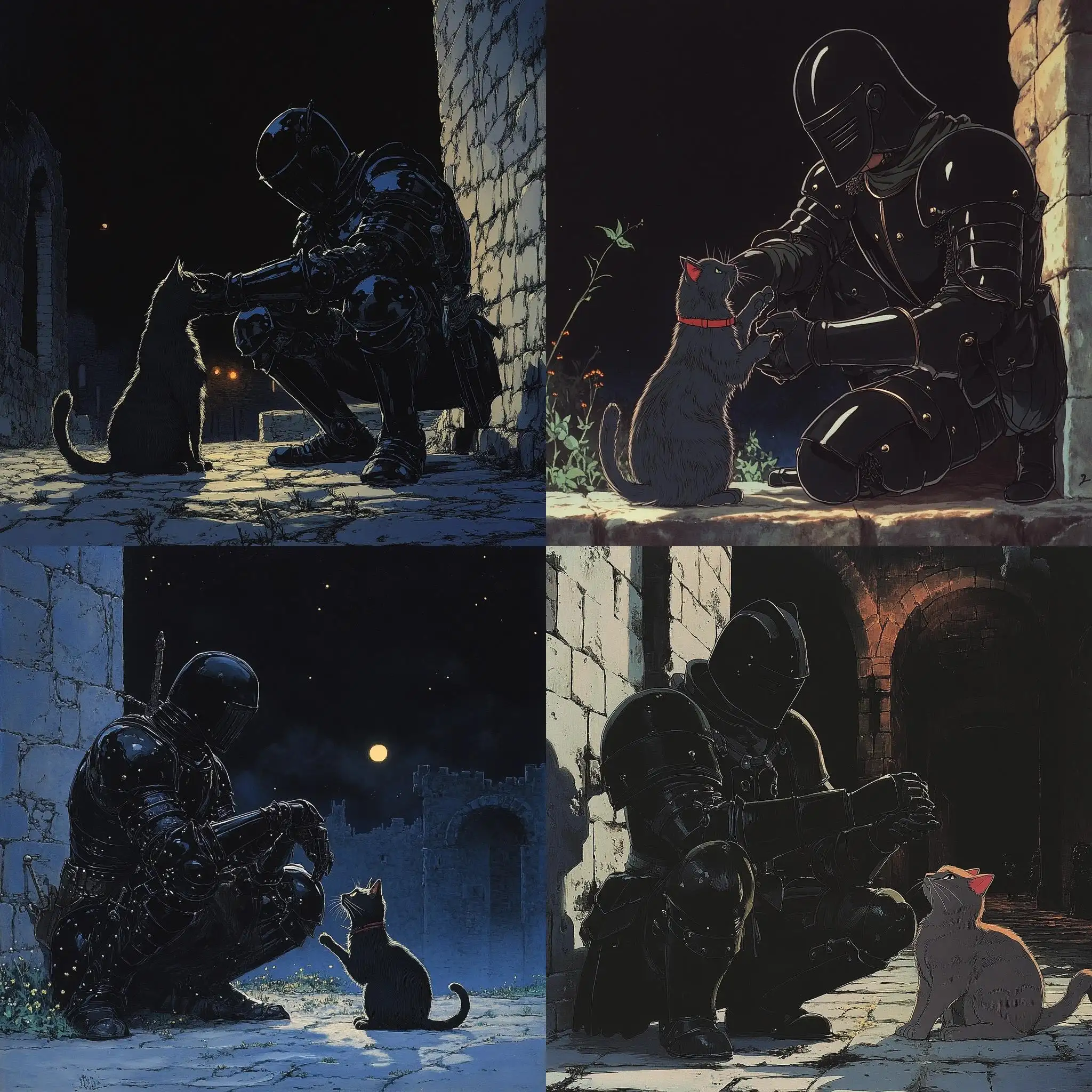 Knight-in-Black-Armor-Petting-a-Cat-at-Night-in-Medieval-Setting