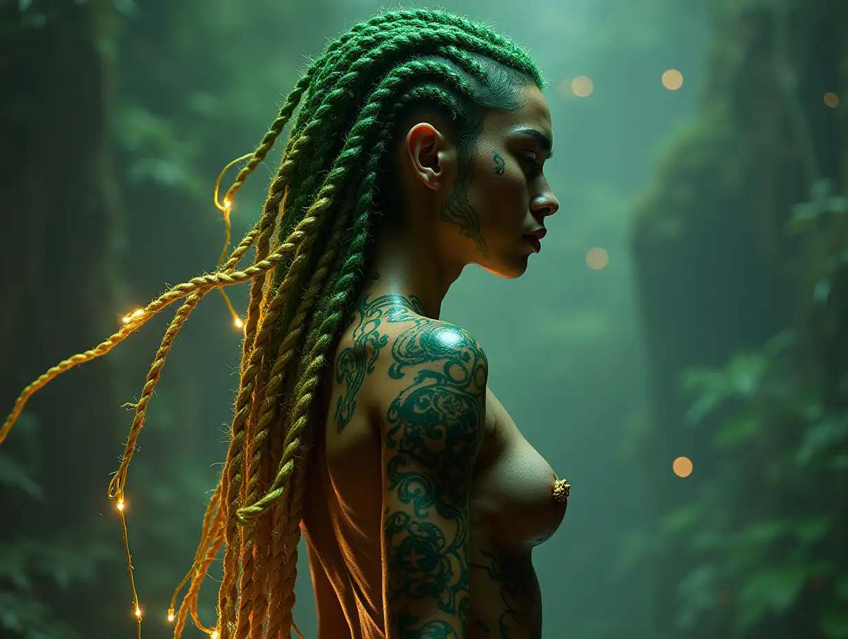 A futuristic warrior, their vibrant green and gold braids glowing with inner light, stands poised and ready. Intricate body art flows across their form, adding to their air of focused intensity and quiet anticipation