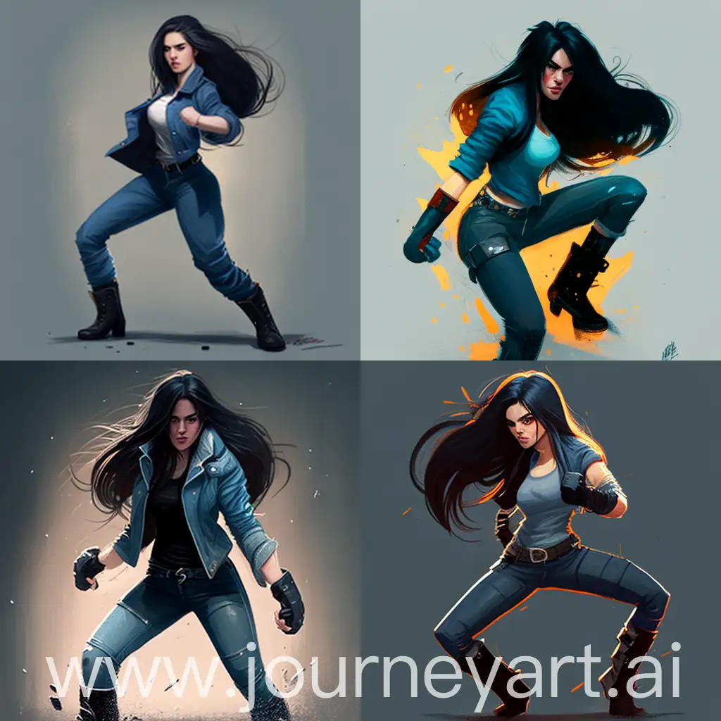 Girl-with-Long-Black-Hair-in-Fighting-Pose-Blue-Jeans-and-Boots