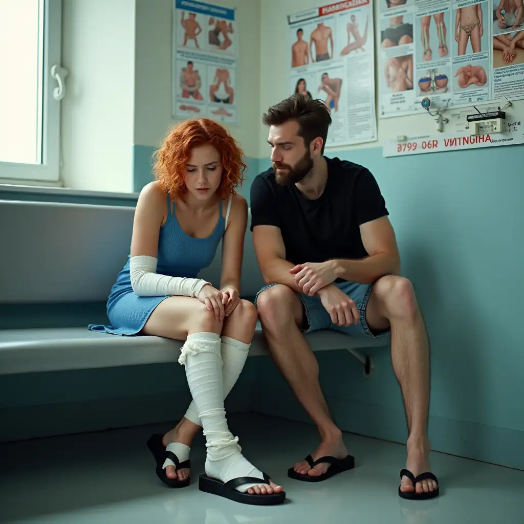 Capture a photorealistic image in a spacious Russian emergency room with a 35mm film camera, employing a normal style, and technical details: Utilize a 35mm film camera to capture an upset 20-year-old woman, with red curly hair, dressed in a blue sundress and black platform flip-flops. Her right arm is wrapped in a fresh cast extending to her elbow, covered in gauze bandages. Seated next to her is her bearded male friend, wearing a GIPSDREAMS black T-shirt and denim shorts, comforting her on a gray banquette in the emergency department. Surrounded by posters displaying the causes of various injuries and sprains, the woman supports her cast with her left hand, expressing distress in the cold tones of the scene.