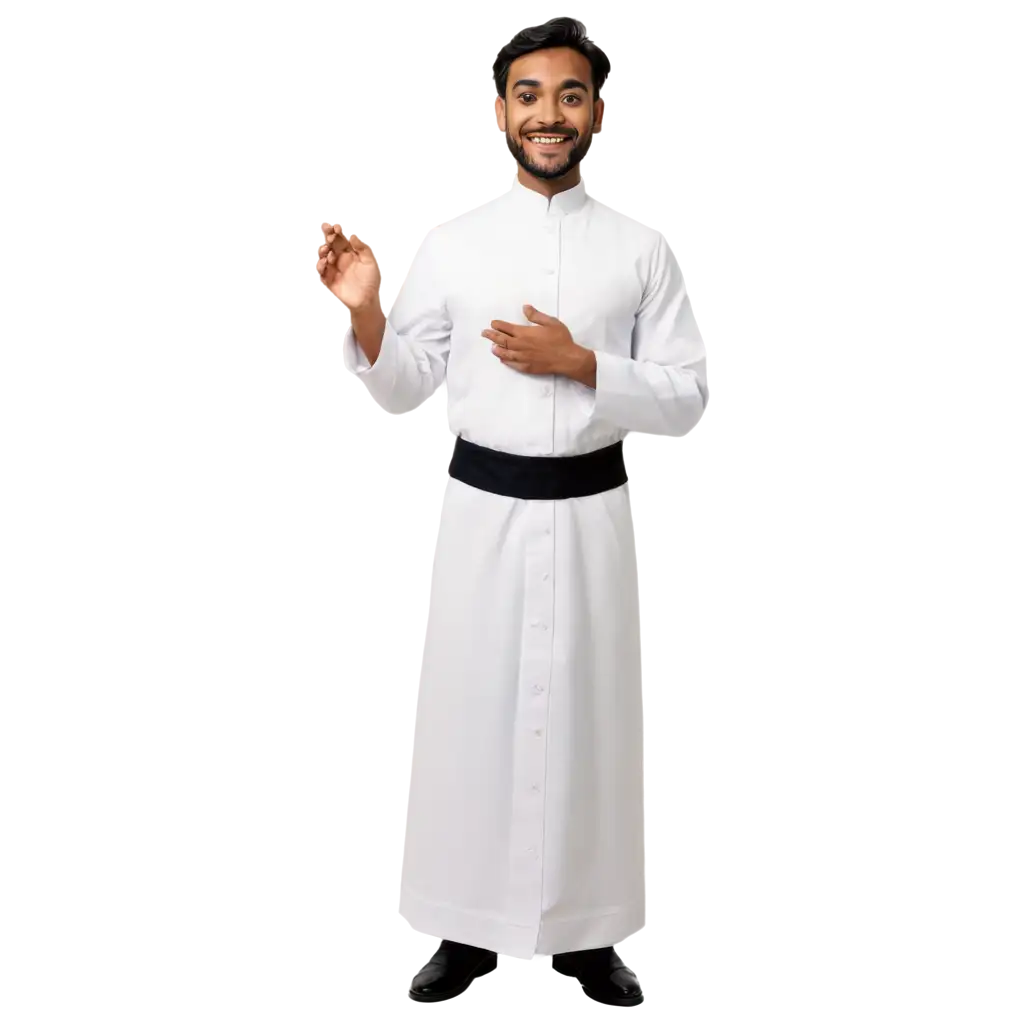 a cartoon of a smiling indian mar thoma church priest in Western style white cassock with a black girdle around his waist