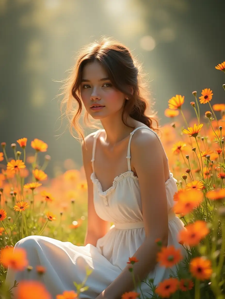 Young-Woman-in-Flowing-White-Dress-Amidst-Vibrant-Flower-Garden