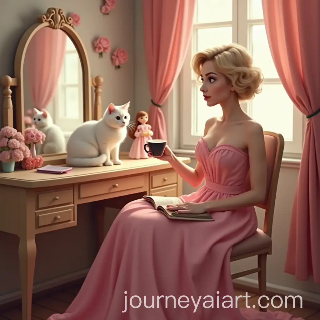 Young-Woman-in-Pink-Evening-Gown-Sipping-Coffee-with-White-Cat-by-Makeup-Table