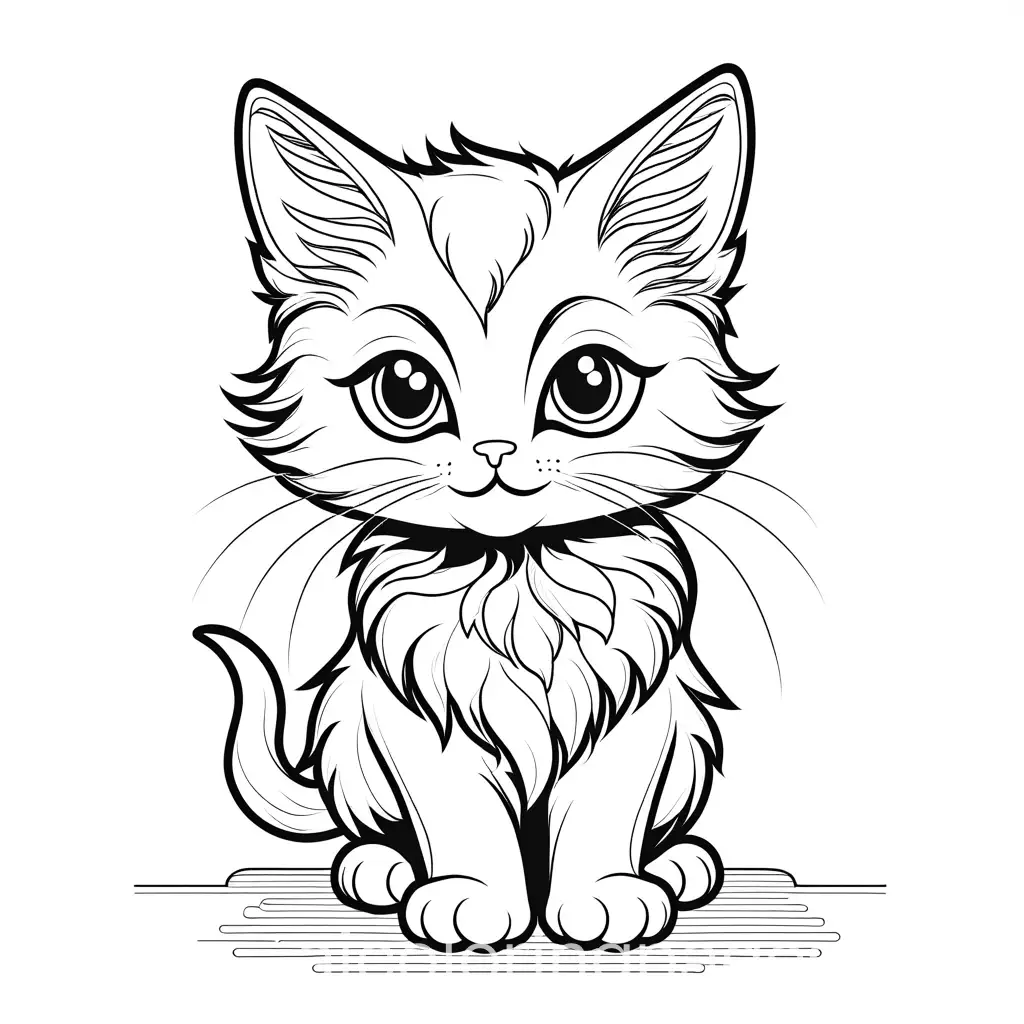small,fluffy,with big eyes and a cute smile kitten, Coloring Page, black and white, line art, white background, Simplicity, Ample White Space