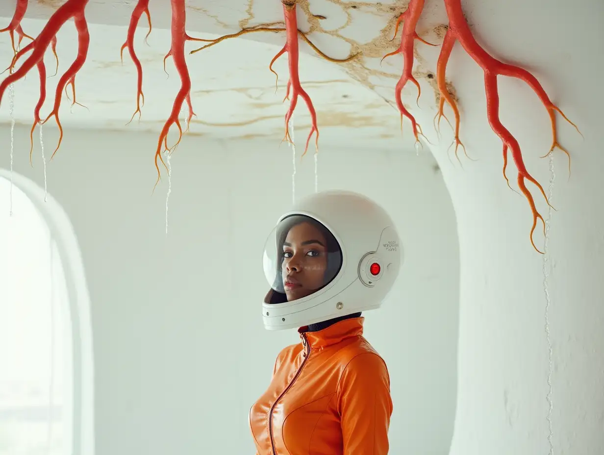 A white room, with water on the ceiling, red porcelain roots growing from floor to ceiling, golden porcelain veins hanging from the white wall, a woman with a white porcelain helmet, round glass at the eyes, brown skin, with wiring, she has an orange spacesuit