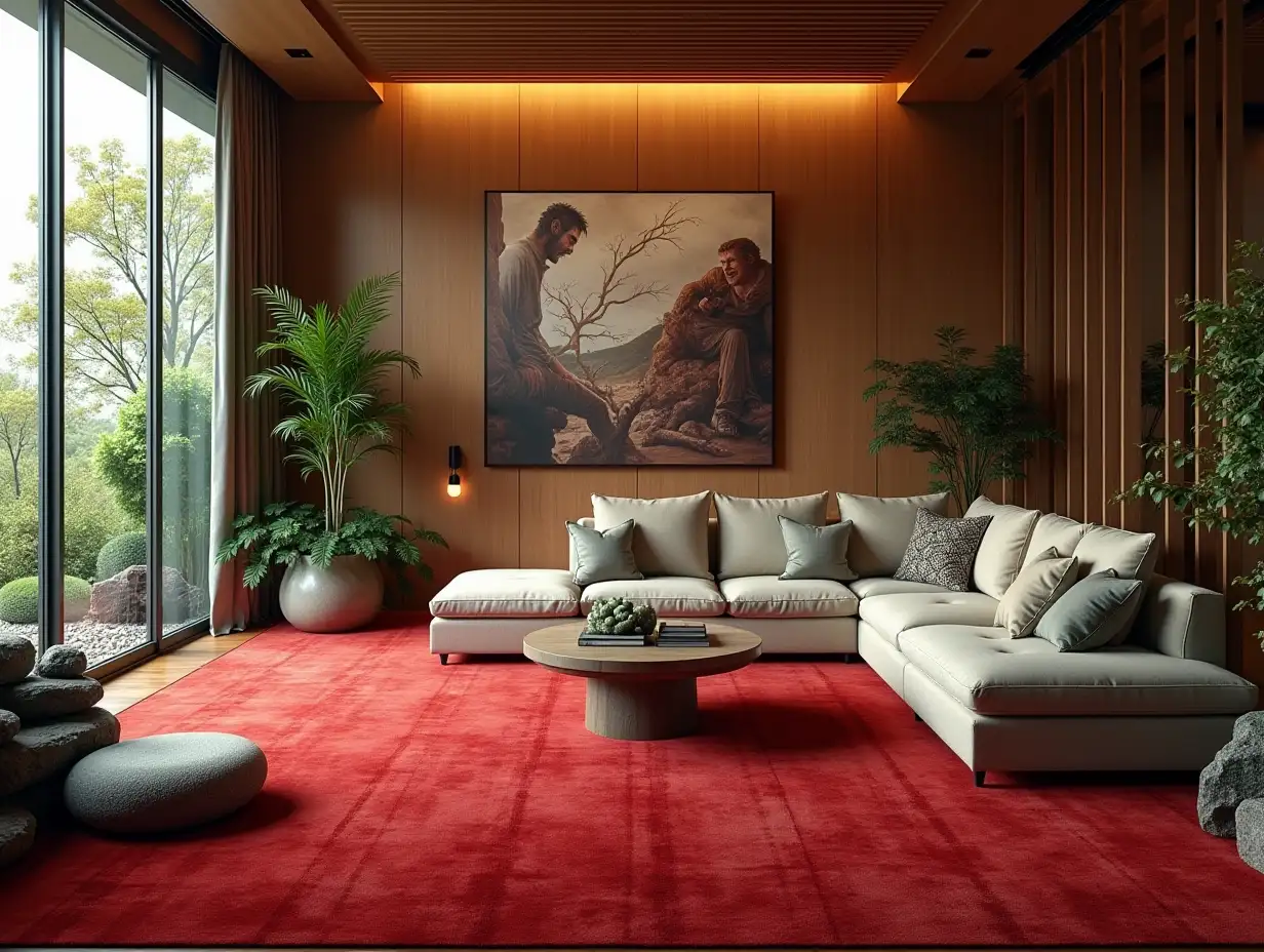 Large modern living room with red, carpet statue, lighting with furniture many hanging plants with Attack on Titan image on the wall Zen garden with carefully tended rocks, a meditative 180 degrees shot 8K resolution Vibrant