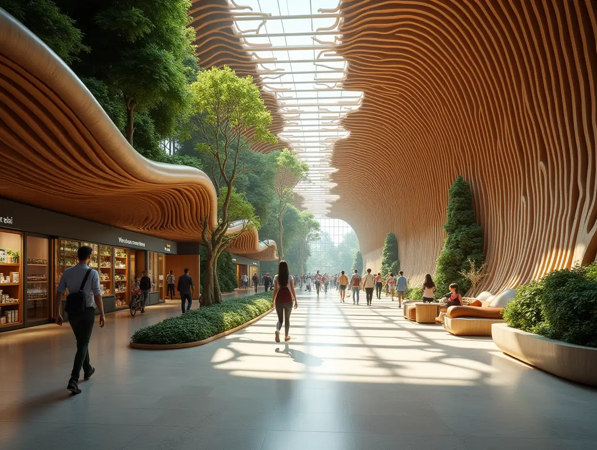 interior design of one railway station architecture 📚Mood: Energetic, Organized, and Transitional📚Sense: Movement, Connectivity, and Safety📚Feel: Functional, Comfortable, and Welcoming🧩Flowing timber forms🧩Cascading green walls🧩Light filtering through skylights