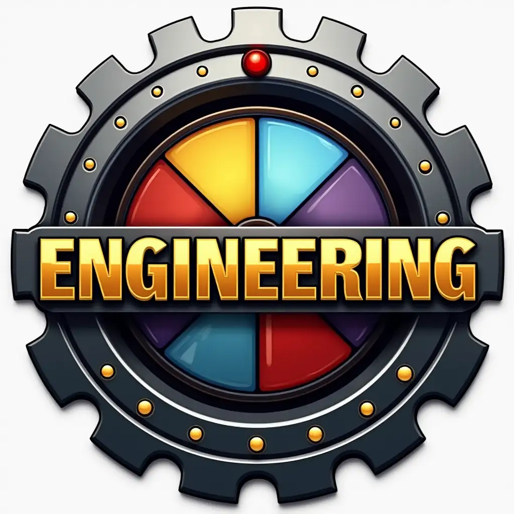 A professional and modern logo for an 'Engineering Gameshow'. The logo features a large, metallic gear with a polished, reflective black and silver finish as the outer frame. Inside the gear there is a gap that seperated the gear from an inner vibrant spinning wheel with four colorful segments (yellow, red, blue, and purple), accented with small golden dots along the rim. The top of the wheel has a small red marker for indicating results. Bold, 3D text overlays the gear: 'ENGINEERING' in a bright gold, slightly curved at the top, and 'GAMESHOW' in a bold, metallic black with gold accents at the bottom. The font should be bold and dynamic, giving a sense of excitement and competition. The overall design should be sharp, clean, and slightly futuristic, evoking a high-tech and competitive atmosphere.