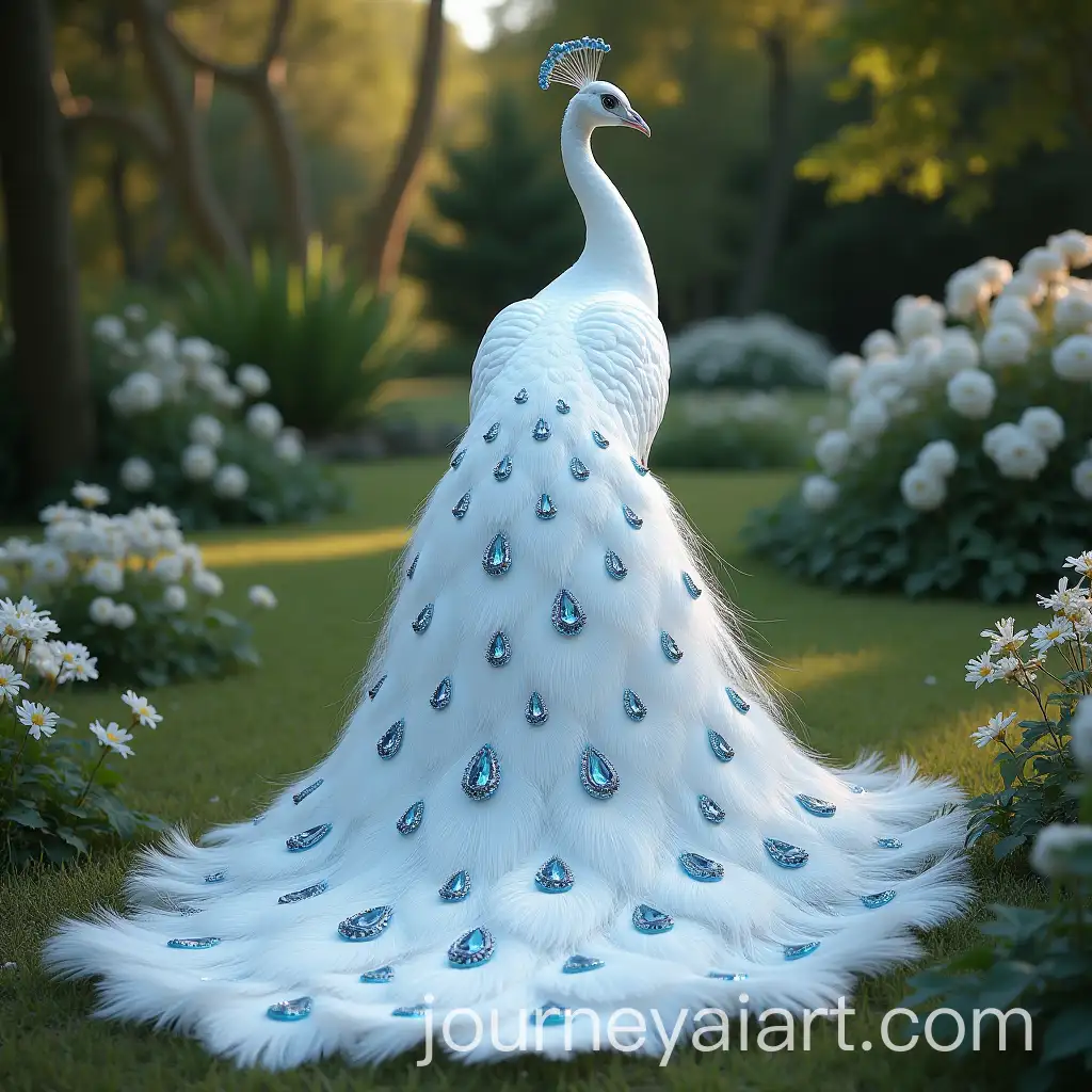 Elegant-White-Peacock-with-GemstoneDecorated-Tail-in-a-Romantic-Garden