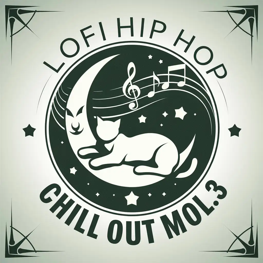 LOGO Design for Lofi Hip Hop Chill Out Mix Vol3 Cat on Moon with Stars Musical Notes in Desaturated Green White