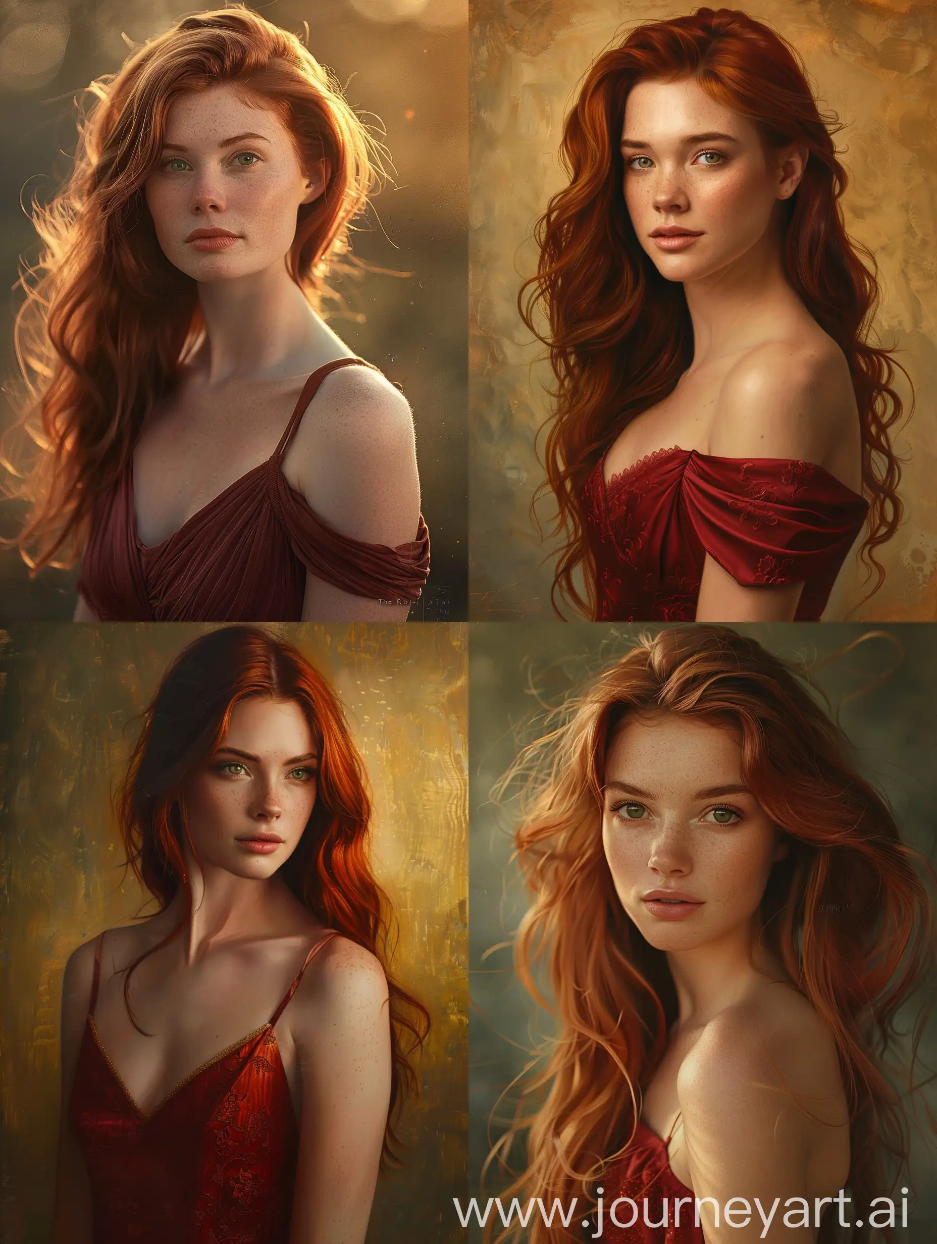 Realistic-Portrait-of-a-Woman-with-Auburn-Hair-in-Crimson-Dress-and-Soft-Evening-Light