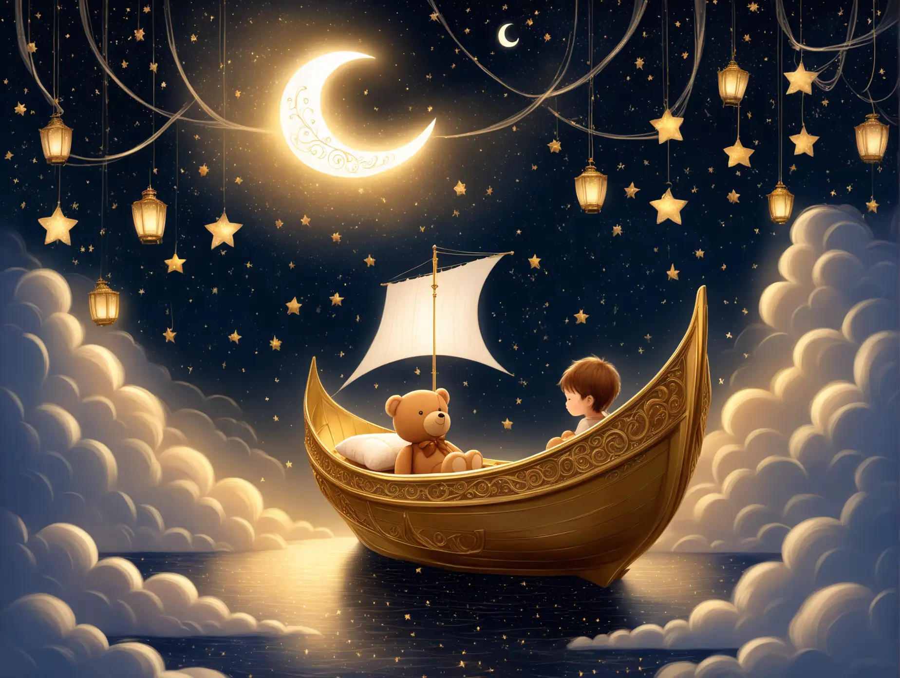 Magical-Dreamlike-Scene-of-a-Child-Sleeping-in-a-Golden-Boat-Under-a-Starry-Sky