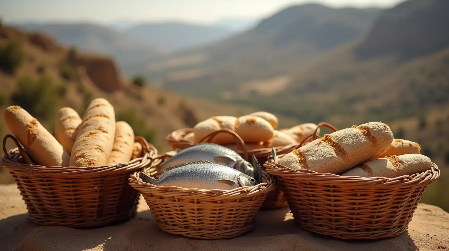 Baskets Overflowing with Loaves and Fish against a Mountainous Backdrop