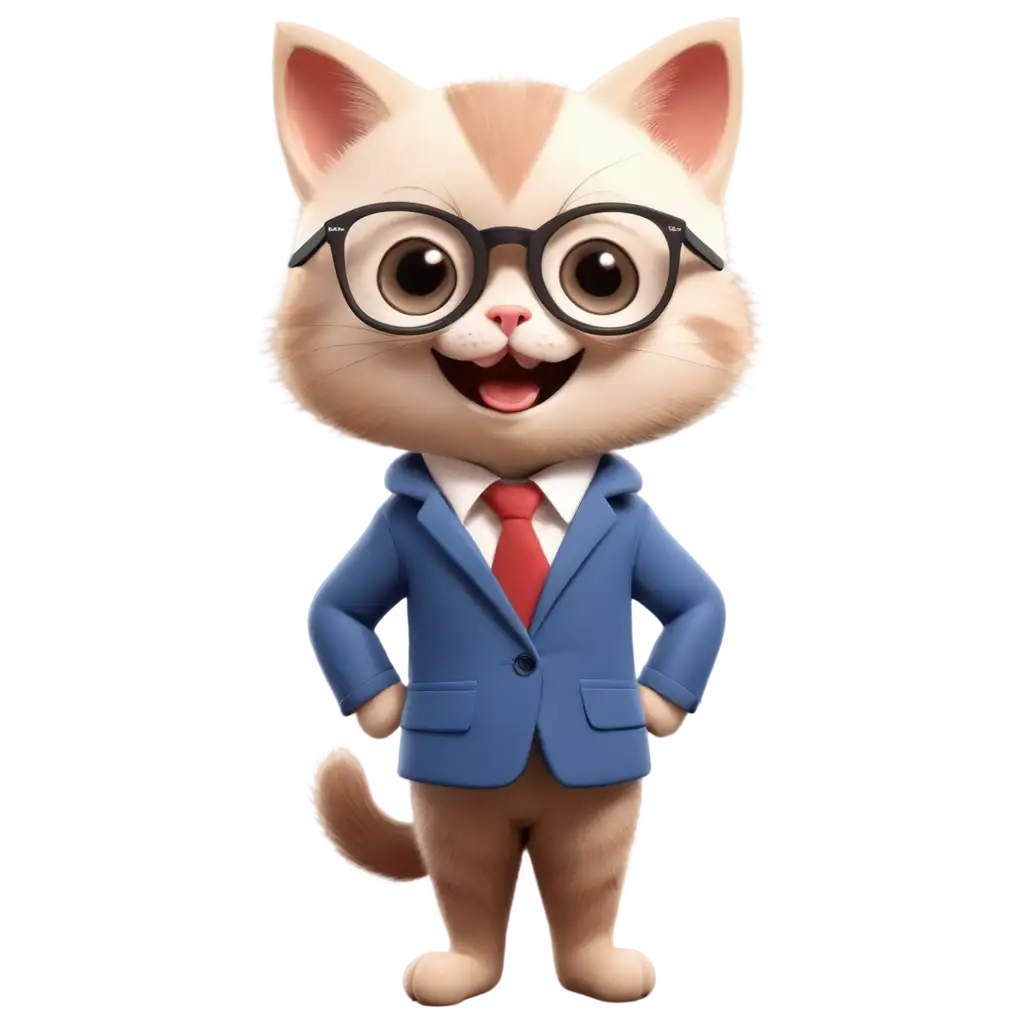 a cute smiling kitten with glasses, with student uniform, illustration style