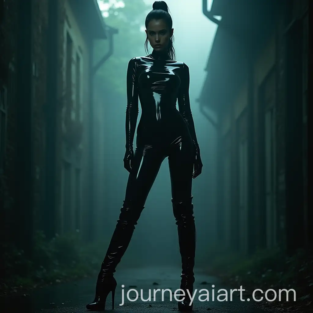 Dreamlike-Woman-in-Metallic-Black-Latex-Suit-at-Haunted-House