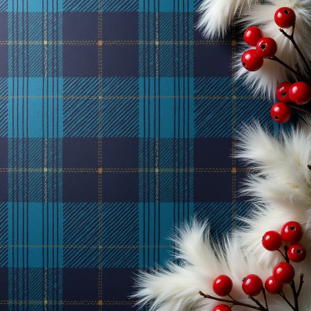 Cozy Winter Background with Blue and Black Plaid White Fur and Berries