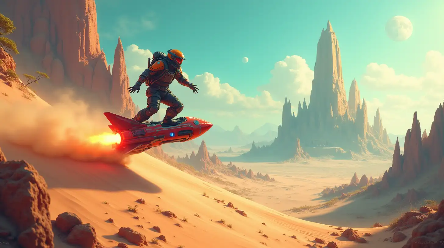 SciFi Hoverboard Racing on Dune Edge with Alien Ruins