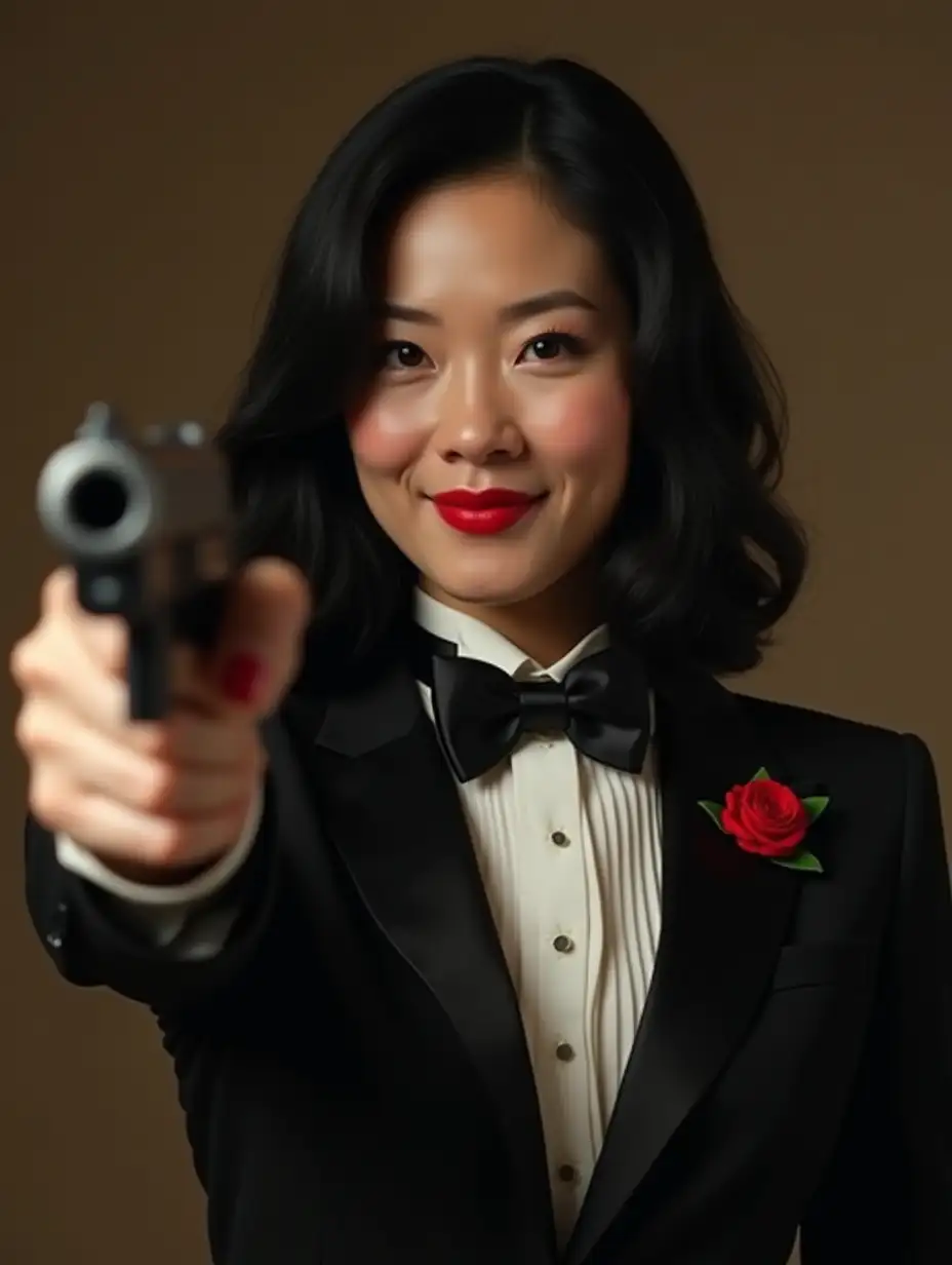 Chinese-Spy-Woman-in-Formal-Tuxedo-with-Gun-and-Corsage