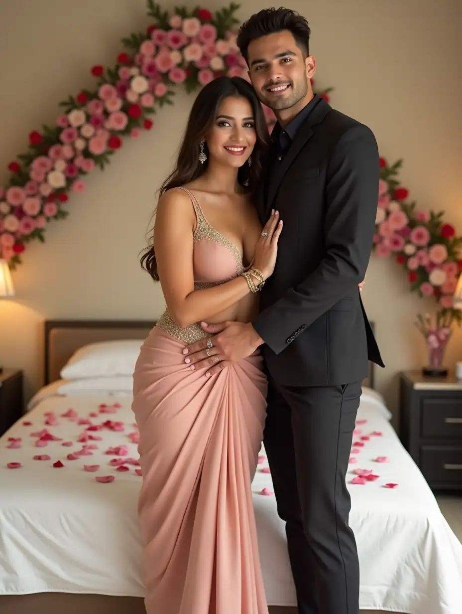 A stunning full-body cute Indian standing in a romantic embrace, smiling warmly. She has curvier figure with a cute, beautiful face and is wearing a half saree. She wear fancy, modern partywear, designer color saree. She is wearing a light color, sleeveless, deep v neck short blouse showing cleavage, navel, and waist. Bra has small cups enhancing the stylish modern western look. She has a fair, radiant white skin tone. She is little fuller. She has beautiful open hairs, some hair coming on her chick. The man is dressed in a well-fitted, stylish dark suit standing behind her and also has a fair white skin tone. He is handsome and charming. Both looking straight at camera on front side. The background features a beautifully decorated bedroom with flowers, rose petals on white bedsheet. Focus more on couple than background. Make 1080p resolution image. She has beautiful figure and Stunning looks. Both looking at front. She has heel in her legs.