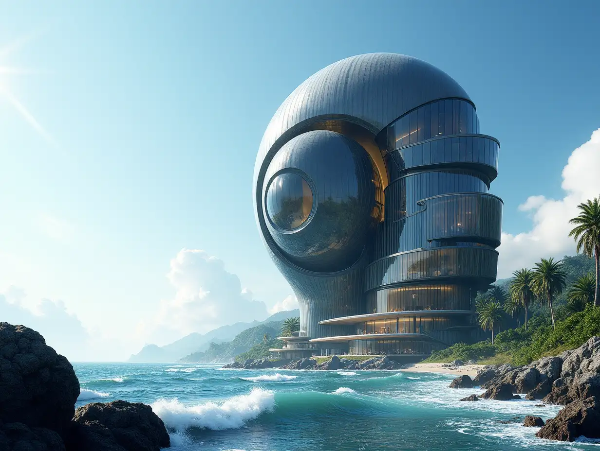 Create a high-resolution, realistic image of a very tall futuristic building with windows twisted like a snail's shell with black and gold facades with sea with very large waves, big trees, rocks blue sky