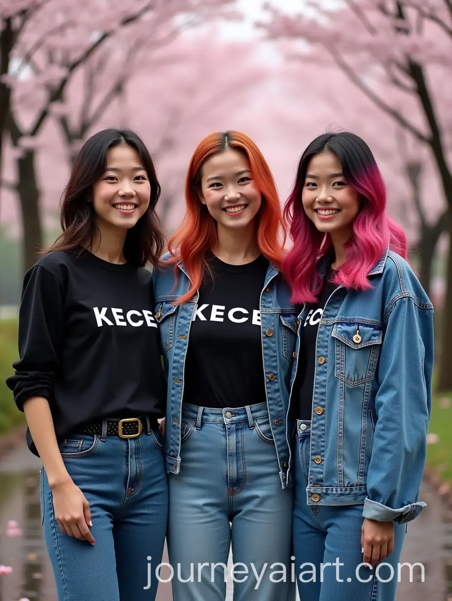 Three-Asian-Women-in-Colorful-Styles-with-Denim-and-Black-TShirts-Standing-Amid-Autumn-Cherry-Blossoms-and-Waterfalls-in-Japan