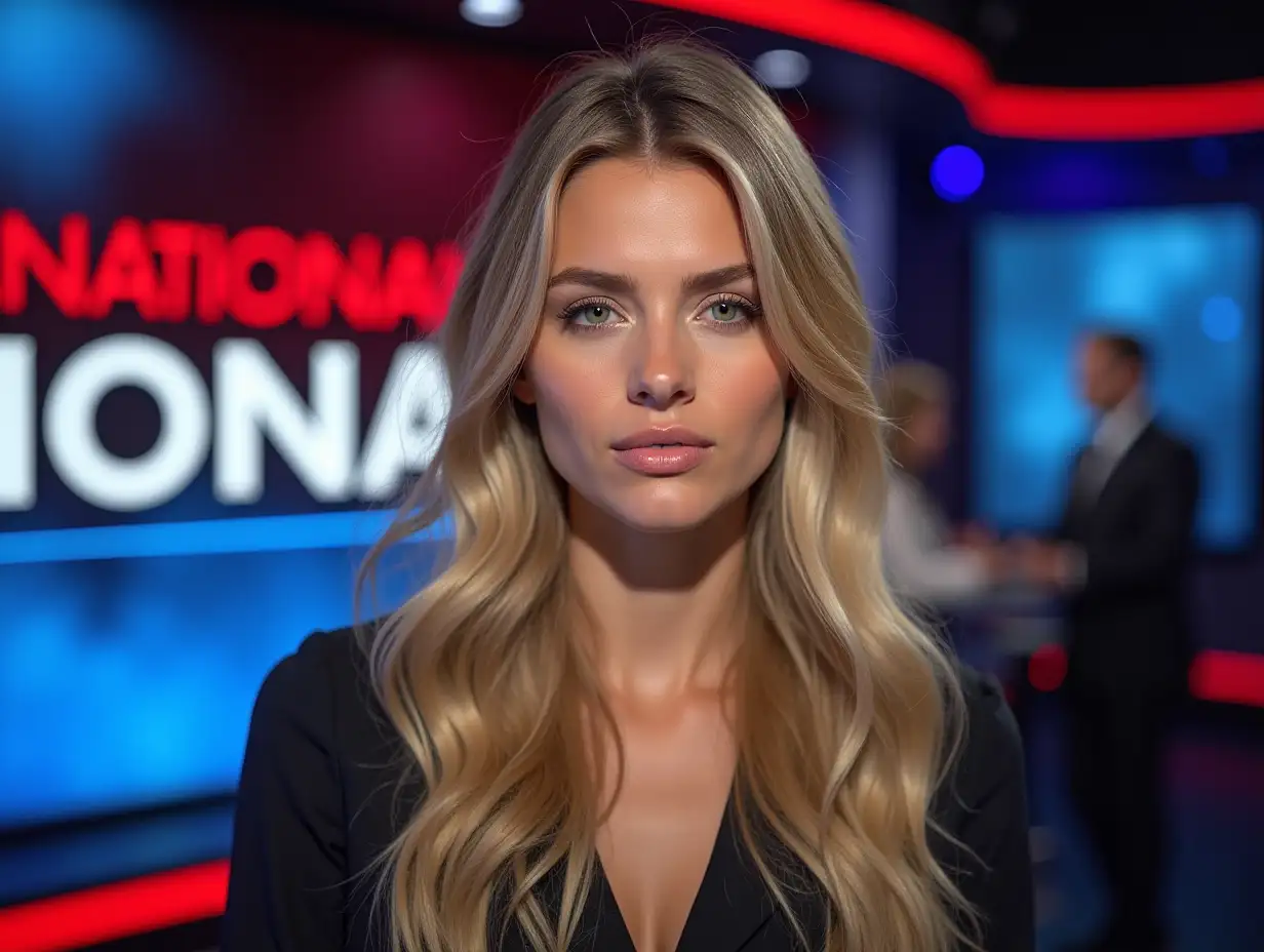 The image is of a young female journalist, with blonde wavy long hair, green eyes, her face is calm and serious, dressed as a sports news journalist in a news studio with a sign that says in Spanish 'INTERNATIONALES' decorated like a podcast, with red and blue color lighting in any of its variants. She is made up and is reporting on all the international and trending topics of the world. The phrase is written in Spanish.