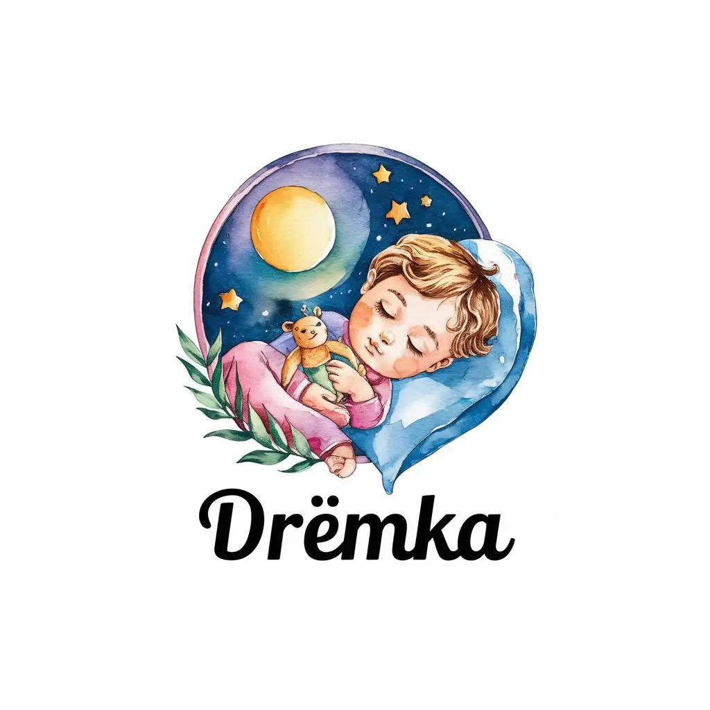 a vector logo design,with the text "Drëmka", main symbol:The main symbol of the logo is a child in beautiful pajamas. In his hands there is a toy. The child is sleeping. Against the backdrop shines a beautiful moon and stars. The logo is in the style of watercolor.,Moderate,be used in Children industry,clear background