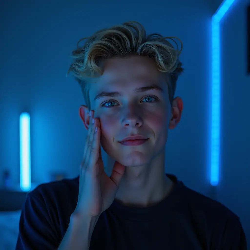 Teenage-Boy-with-Blond-Hair-in-NeonLit-Room