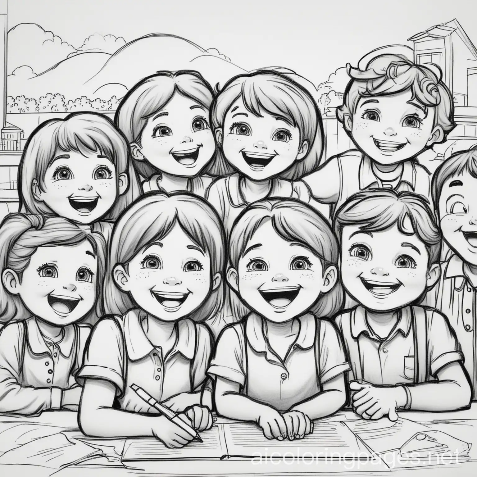 Childrens-Coloring-Page-School-with-Laughing-Kids-Line-Art-on-White-Background