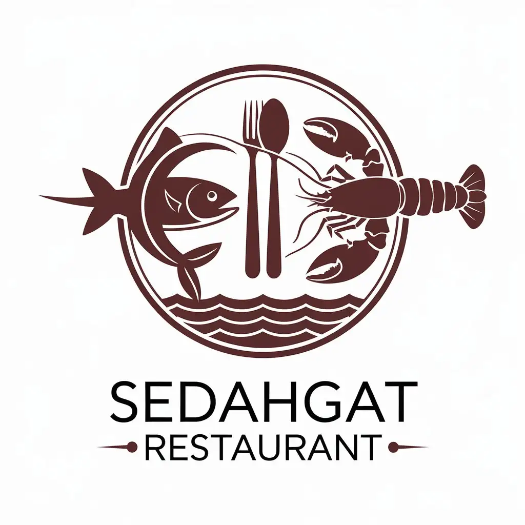 a vector logo design,with the text "SEDAHGAT RESTAURANT", main symbol:A circle with a lobster on the right and a fish on the left, and in the middle of them with a spoon and fork apart, which are opposite, and stuck together, and at the bottom of them is an image of the sea ,complex,be used in restaurant industry,clear background