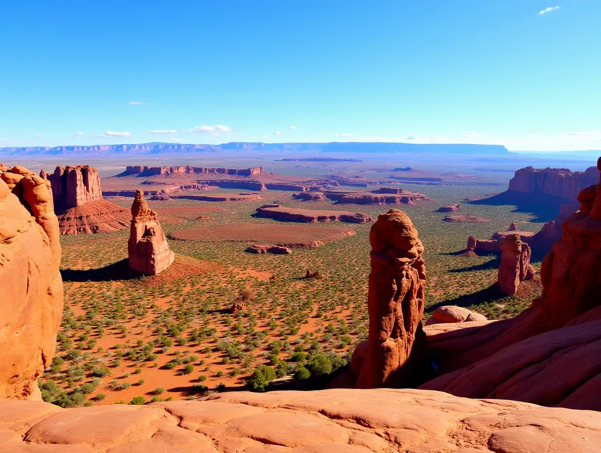 Panoramic landscape view of beautiful red rock canyon formations during a vibrant sunny day. Taken in Arches National Park, located near Moab, Utah, United States.