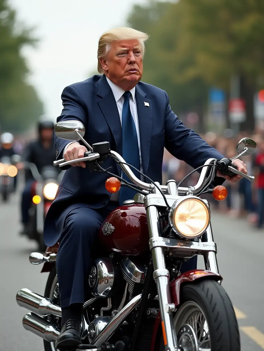 donald trump on a harley davidson chopper in jack daniels lacquer in the background a parade