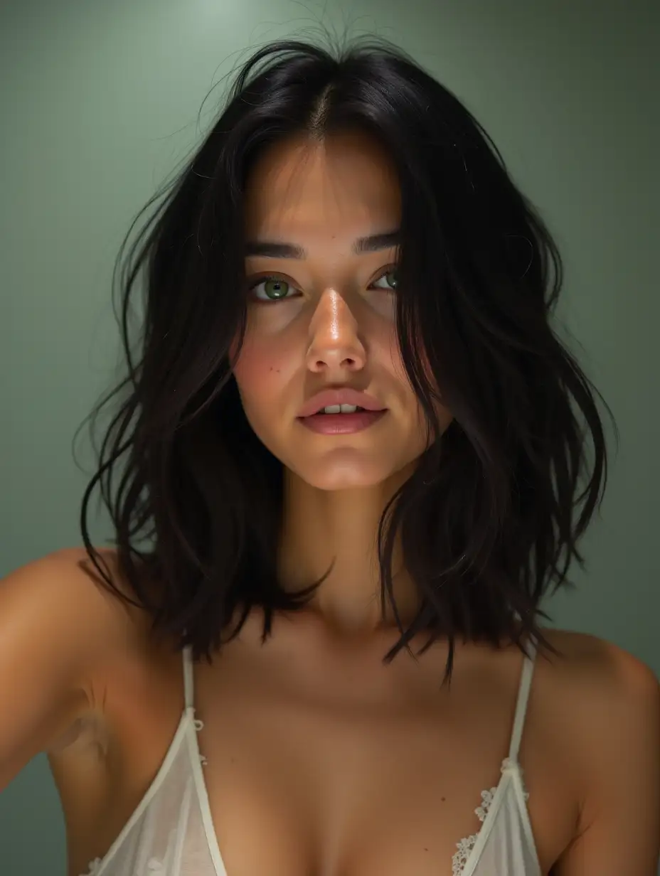 A beautiful woman with shoulder-length black hair and bottle green eyes. She has a few freckles. The woman is in a public bathroom and taking a selfie in the mirror.