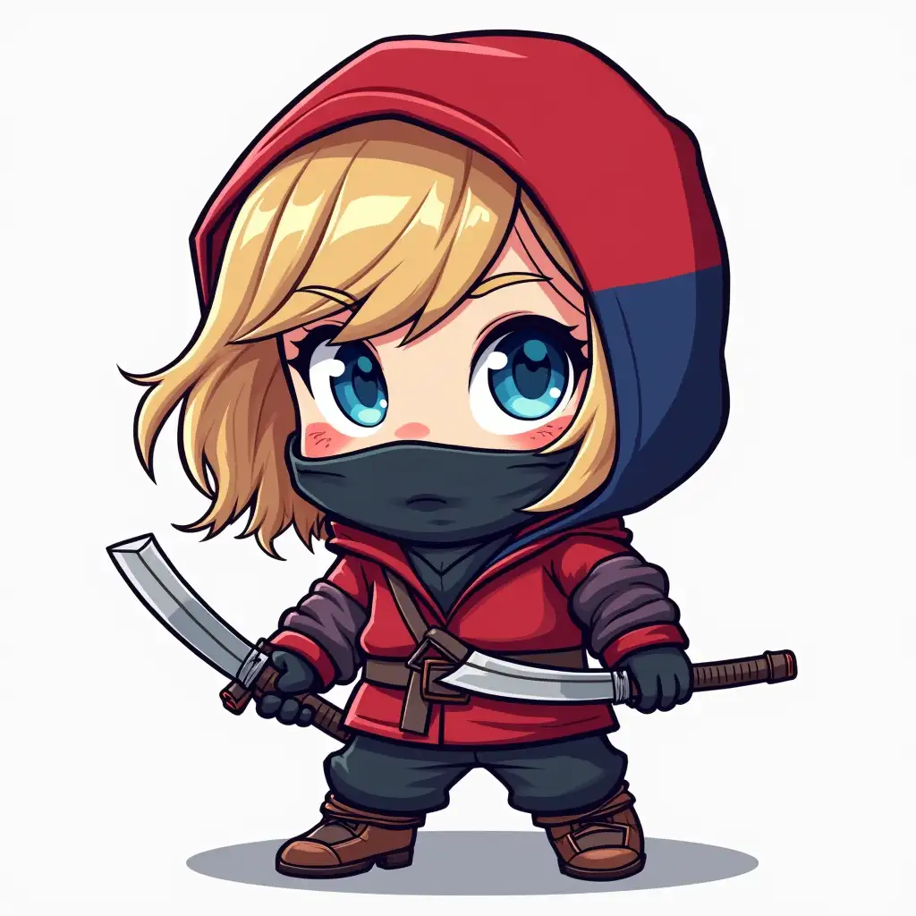 a Serbian female blonde blue eyed ninja to use as slack emoji, incorporate the Serbian flag colors somewhere, cute comic style