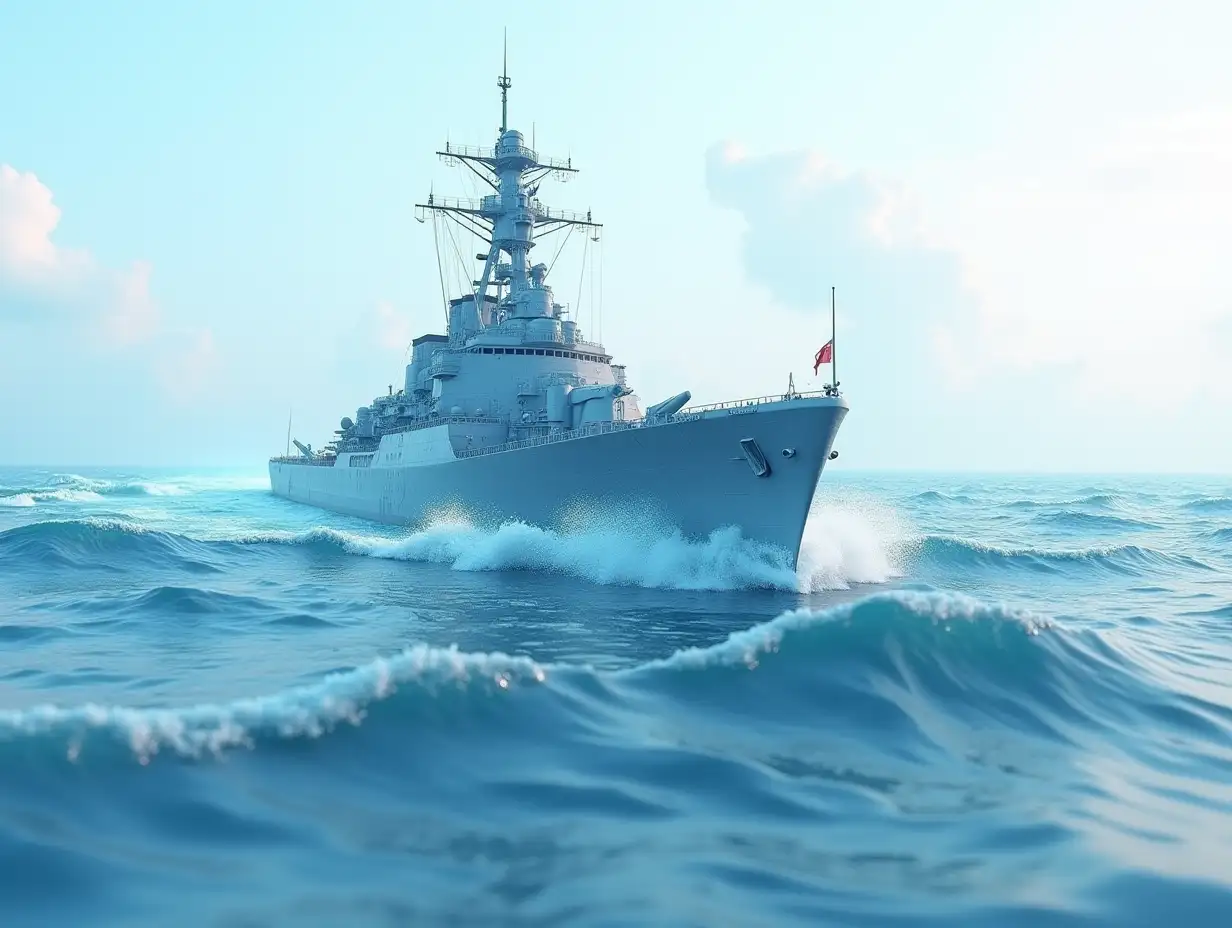 a warship seen from the side in 3d with large waves with clear parts