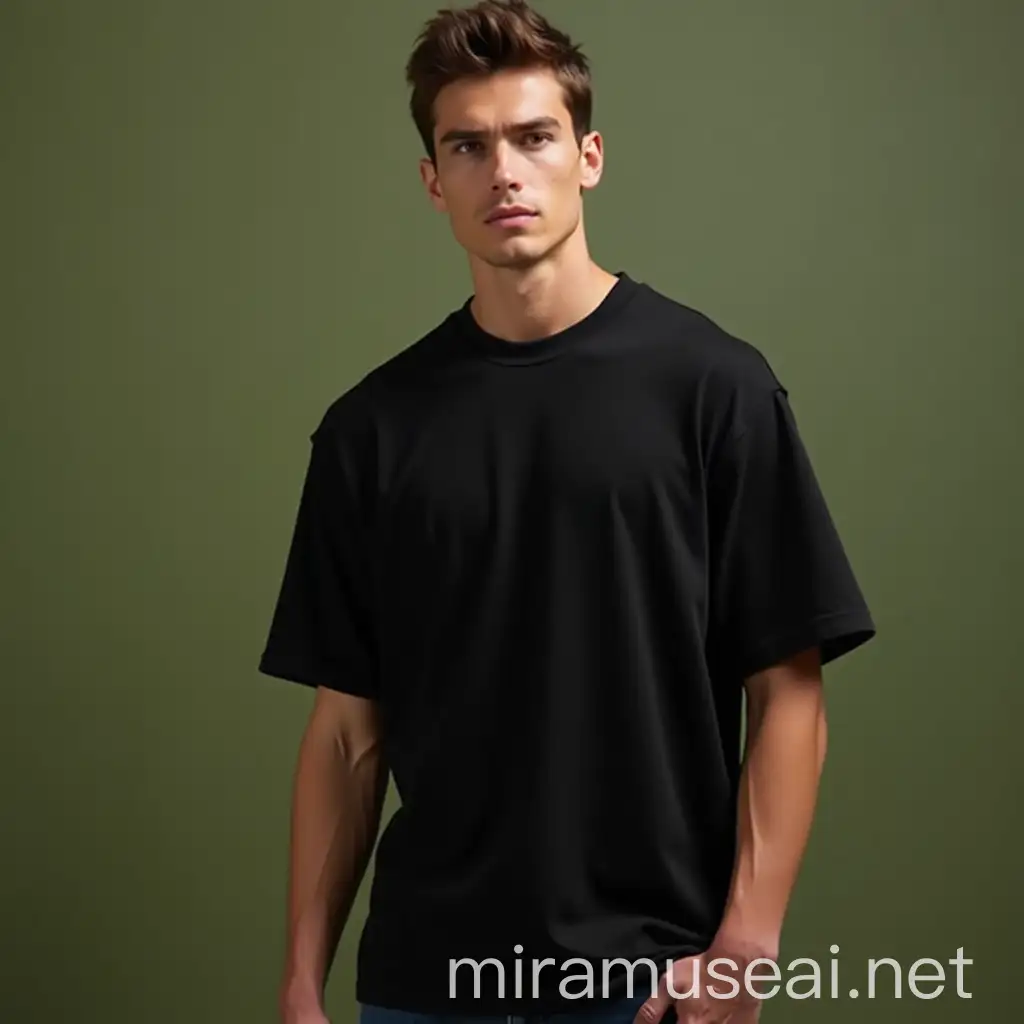 Male Model in Black Oversized TShirt Poses in Stylish House Garden