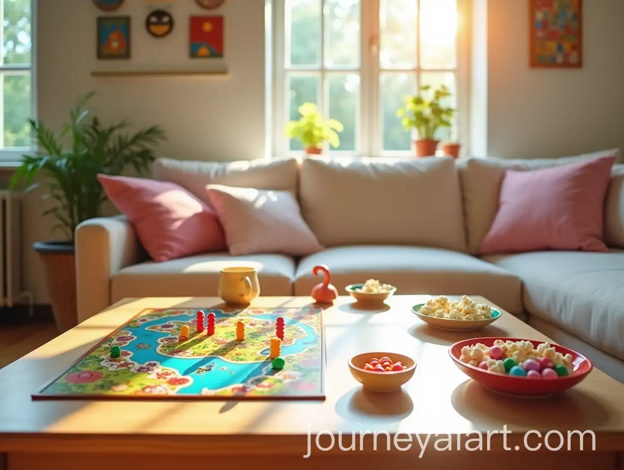 Cozy-Living-Room-with-Family-Board-Game-and-Colorful-Treats