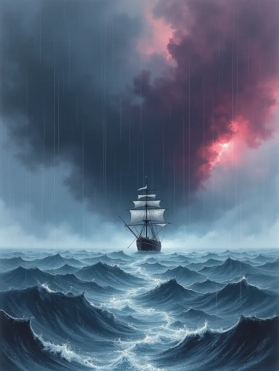 A lone ship goes into the horizon, where the sea is raging dramatically and monstrously. The weather is cloudy and rainy. The drawing is made schematically as a black and white sketch. The only colored part is a huge storm and misty skies, which is a magical mix of blue, purple, crimson and gray