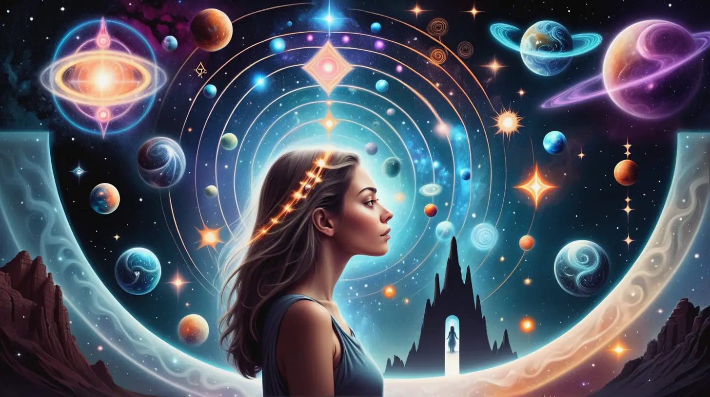 Woman Contemplating Cosmic Mysteries Surrounded by Spiritual Symbols and Galaxies