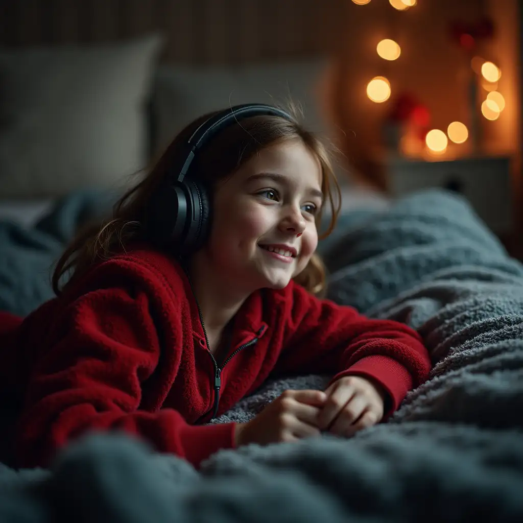 Teenager-Enjoying-Christmas-Music-on-Bed-with-Headphones