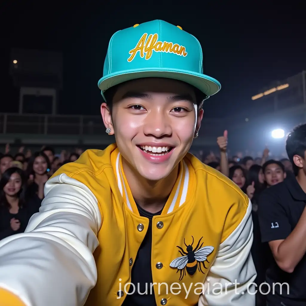 AI-Image-Prompt-ExpansionIndonesian-Man-with-Blackpink-Members-at-Concert-Selfie-in-Turquoise-Snapback-and-Varsity-Jacket