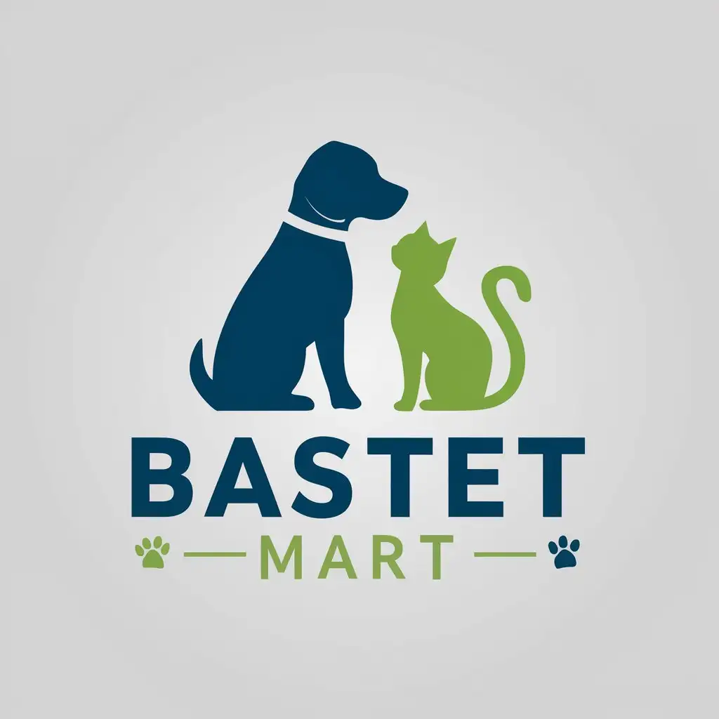 a vector logo design,with the text "BASTET MART", main symbol:A dog A cat nBlue and green color nWhite background,Minimalistic,be used in Animals Pets industry,clear background