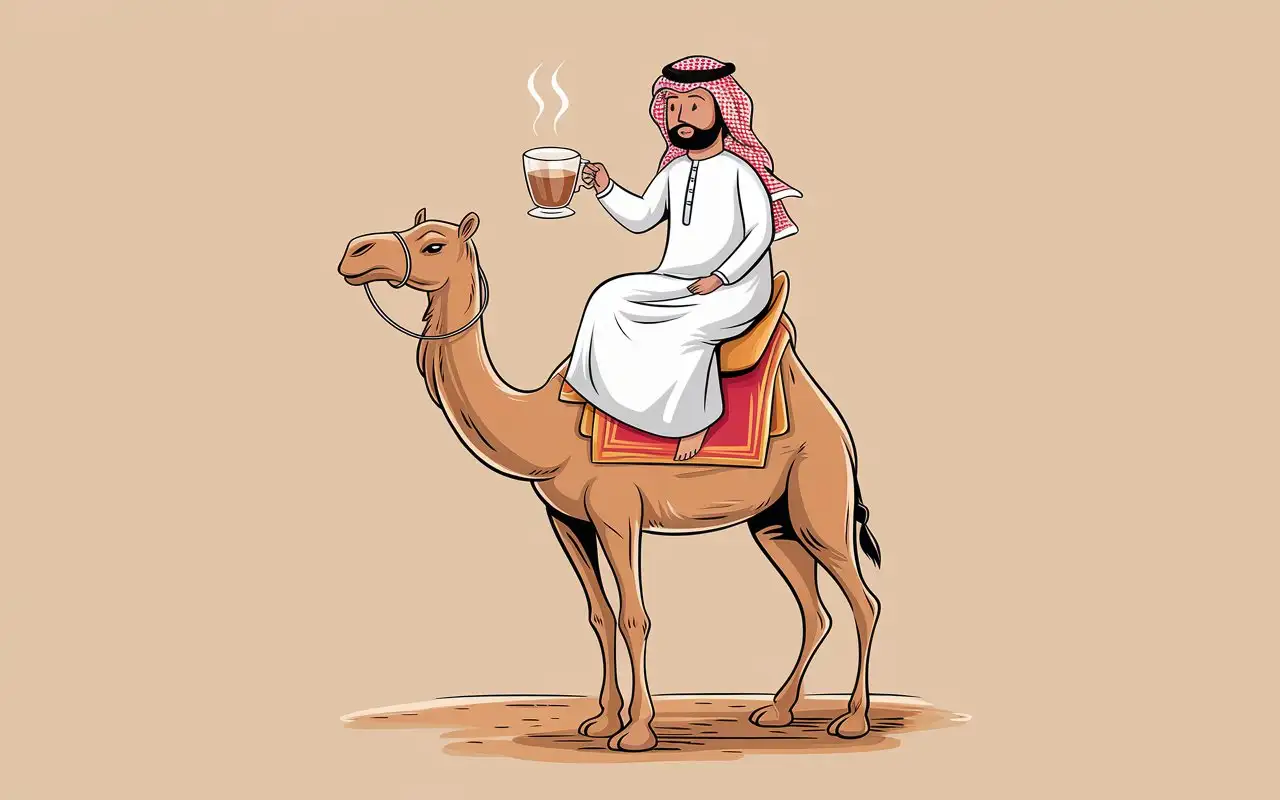 Man-in-Traditional-Middle-Eastern-Attire-Enjoying-Tea-on-a-Camel