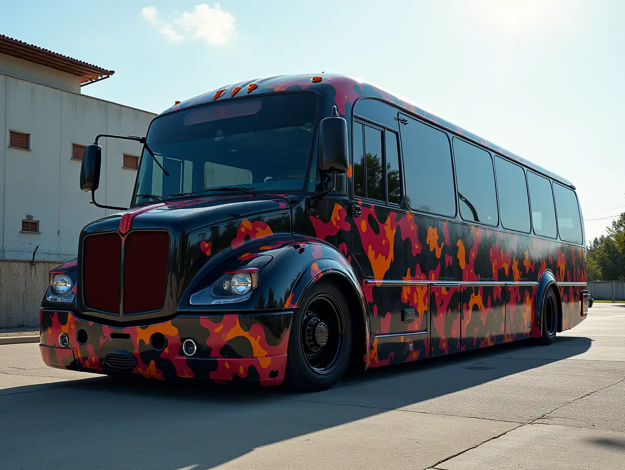 Supermodern utopian sports bus colorful black camouflage color, lowered chassis, 18-inch rims, aluminum wheels, Cyberpunk