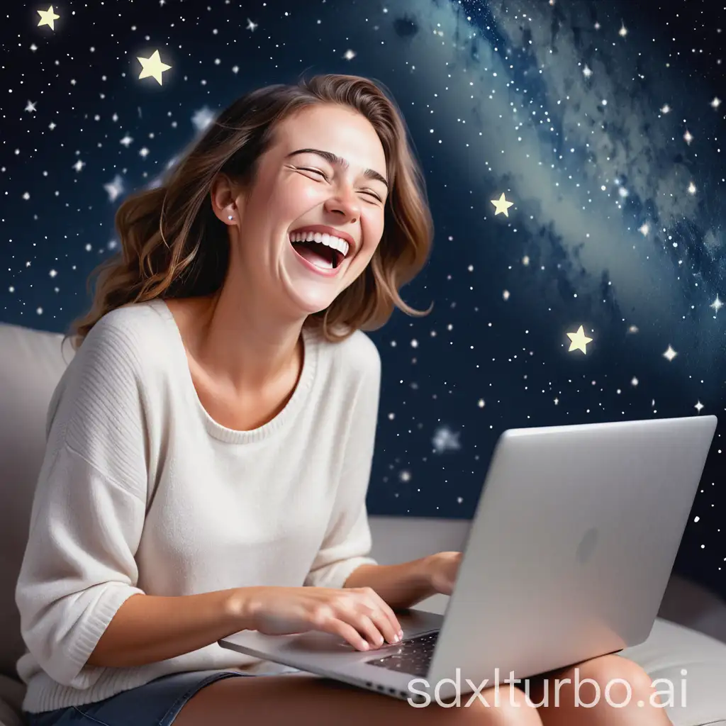 a woman looks at her laptop and laughs, because she sees her future. The background is bright with small stars like in the universe